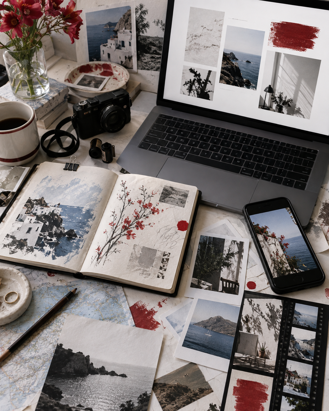 Creative portfolio collage with sketches, photos, and a laptop