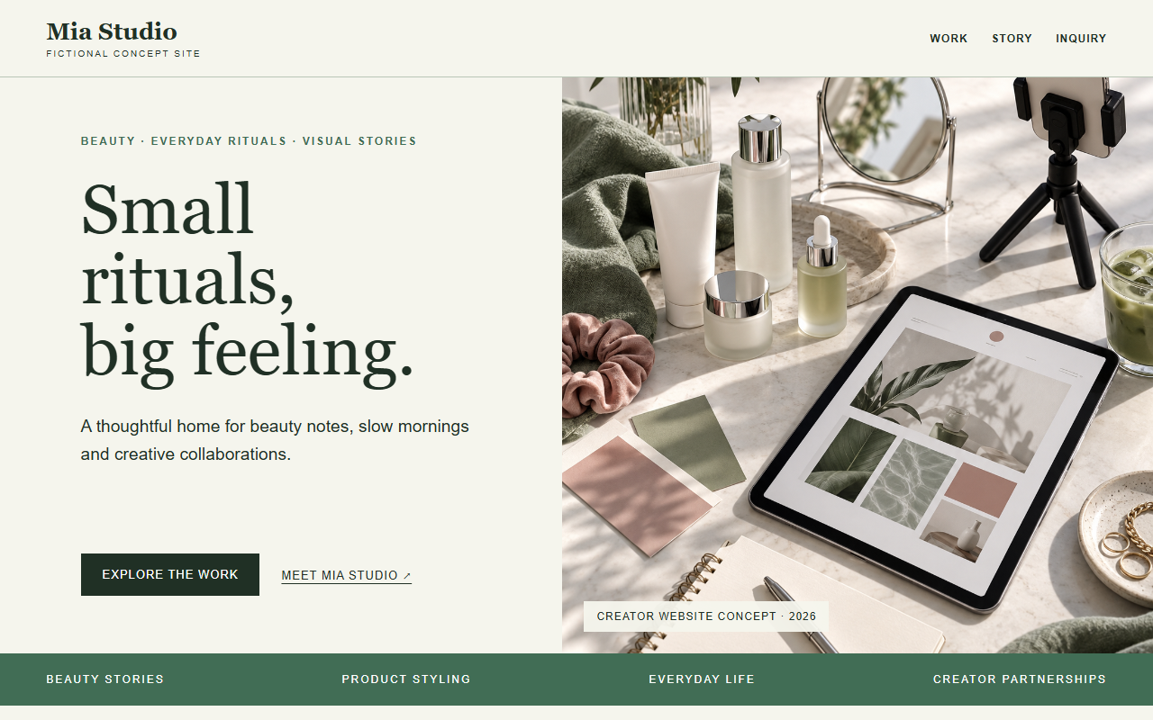 Screenshot of the fictional Mia Studio website concept