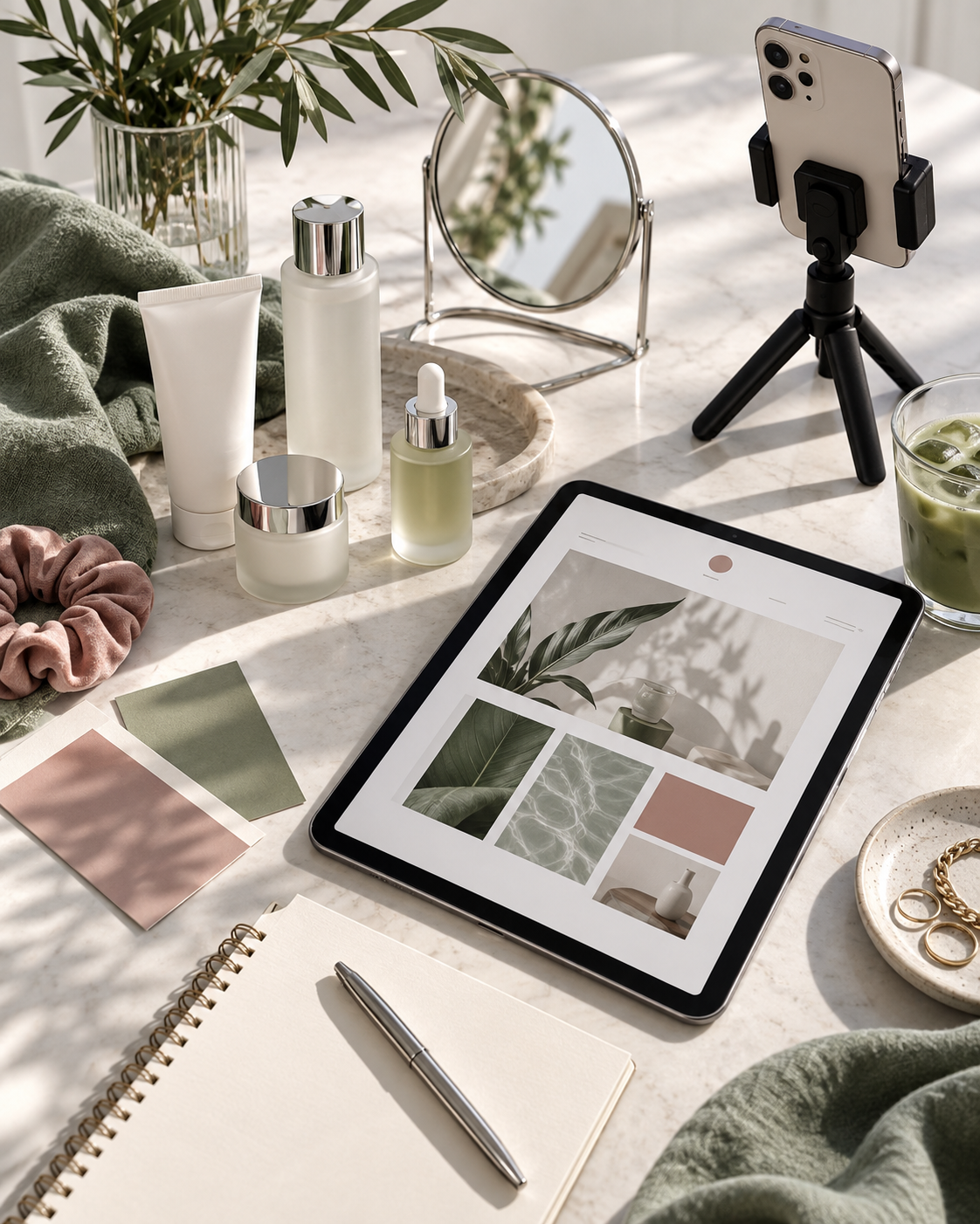 Beauty creator desk with skincare products and a tablet